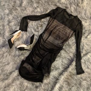 BCBG- Black Print Mesh Draped Long Sleeve Dress